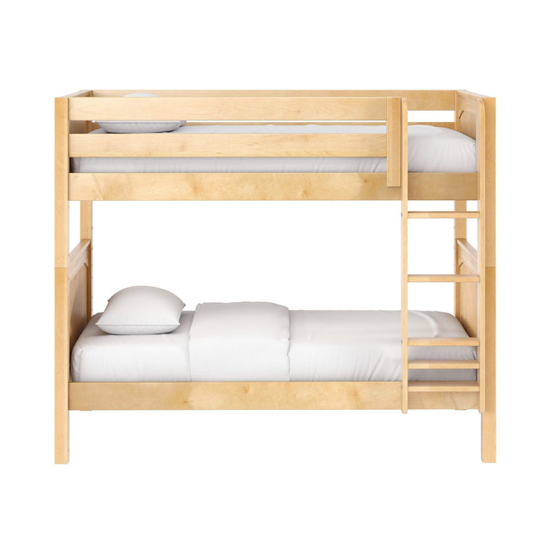 Minimalist light natural wood two-tier bunk bed with side ladder and crisp white bedding, space-saving children's bedroom furniture in maple finish