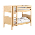 Light natural-finish solid wood twin-over-twin bunk bed with ladder and safety rails, white bedding
