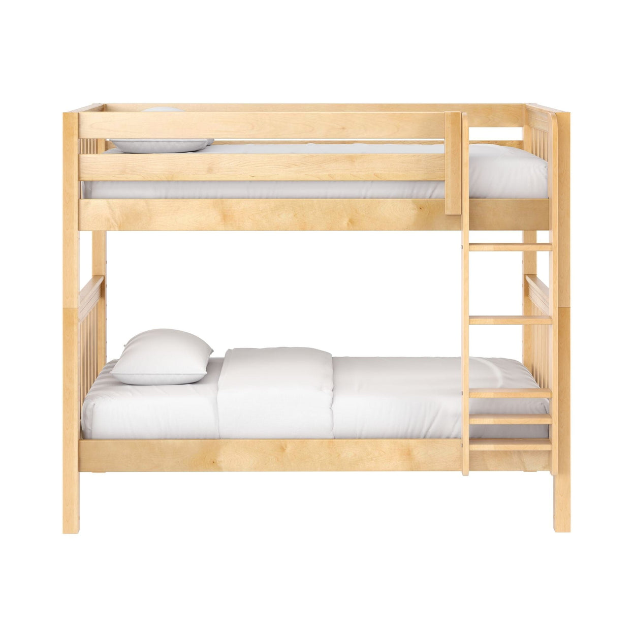 Natural light wood bunk bed with built-in ladder and safety rails, white bedding — loft-style kids' bunk bed for small bedrooms