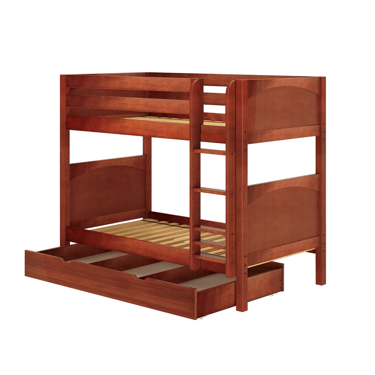 Wooden bunk bed with built-in ladder and pull-out storage drawer for kids' room.