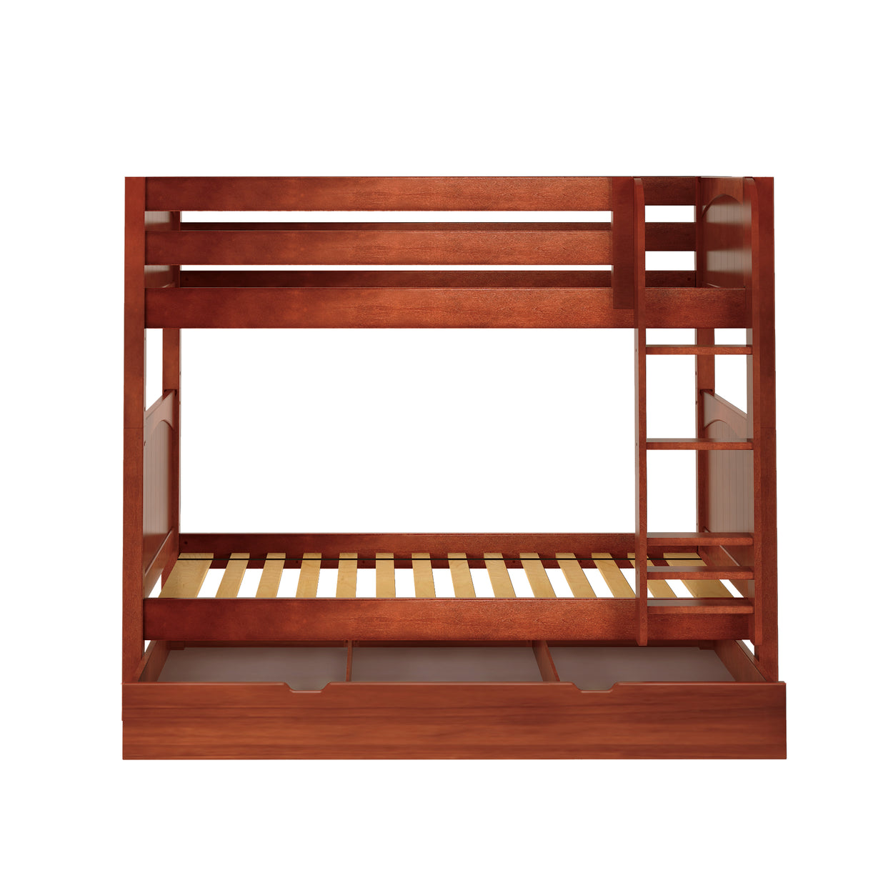 Wooden bunk bed frame with ladder, ideal for small bedrooms and maximizing space.