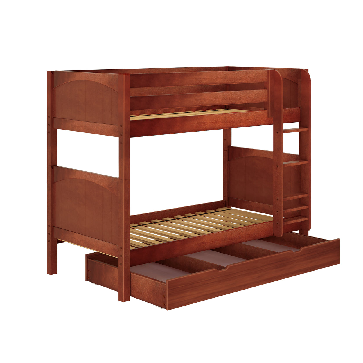 Wooden bunk bed with trundle and ladder, perfect for kids' bedroom and space-saving furniture solutions.