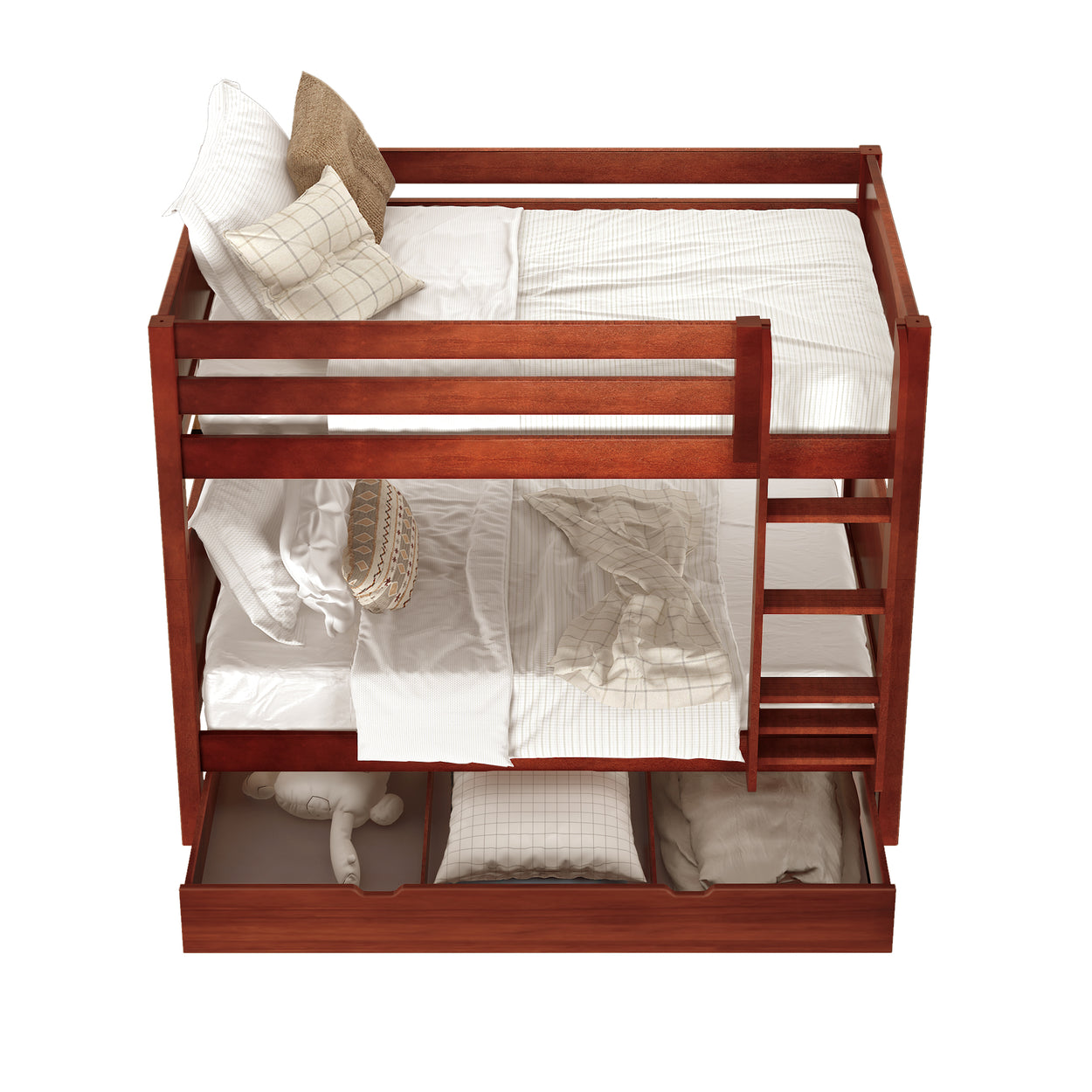 Elegant wooden bunk bed with bedding, pillows, and under-bed storage, ideal for maximizing space in small bedrooms.