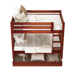 Elegant wooden bunk bed with bedding, pillows, and under-bed storage, ideal for maximizing space in small bedrooms.