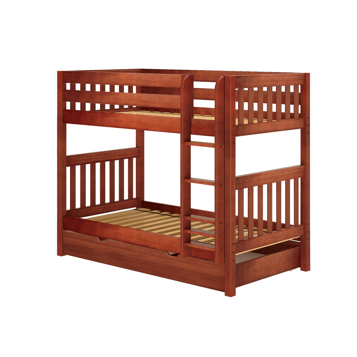 Wooden bunk bed frame with ladder and slatted design.