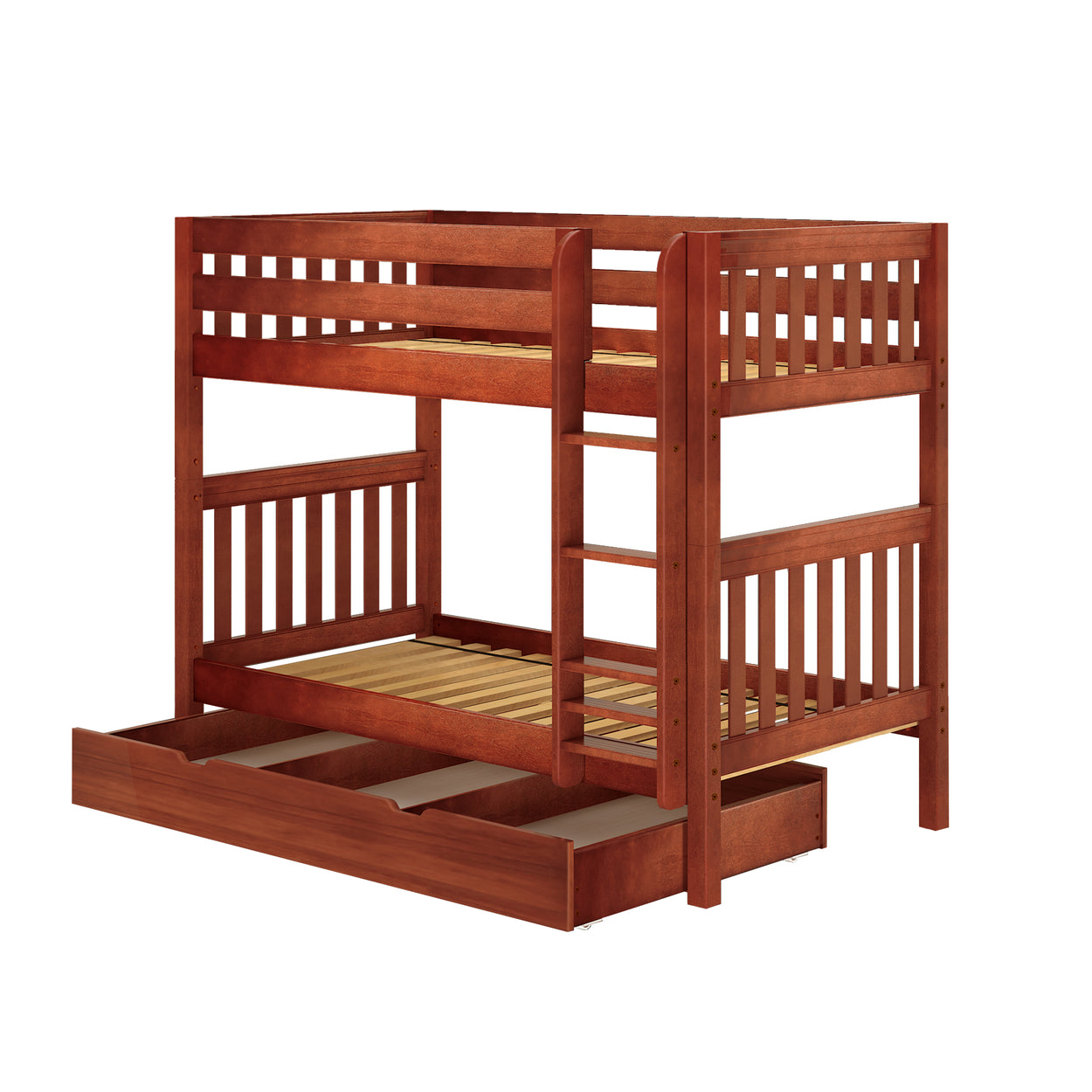 Wooden bunk bed with built-in ladder and storage drawer, ideal for maximizing space in children's bedrooms.