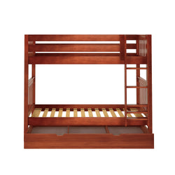 Wooden bunk bed frame with attached ladder, ideal for space-saving bedroom solutions.