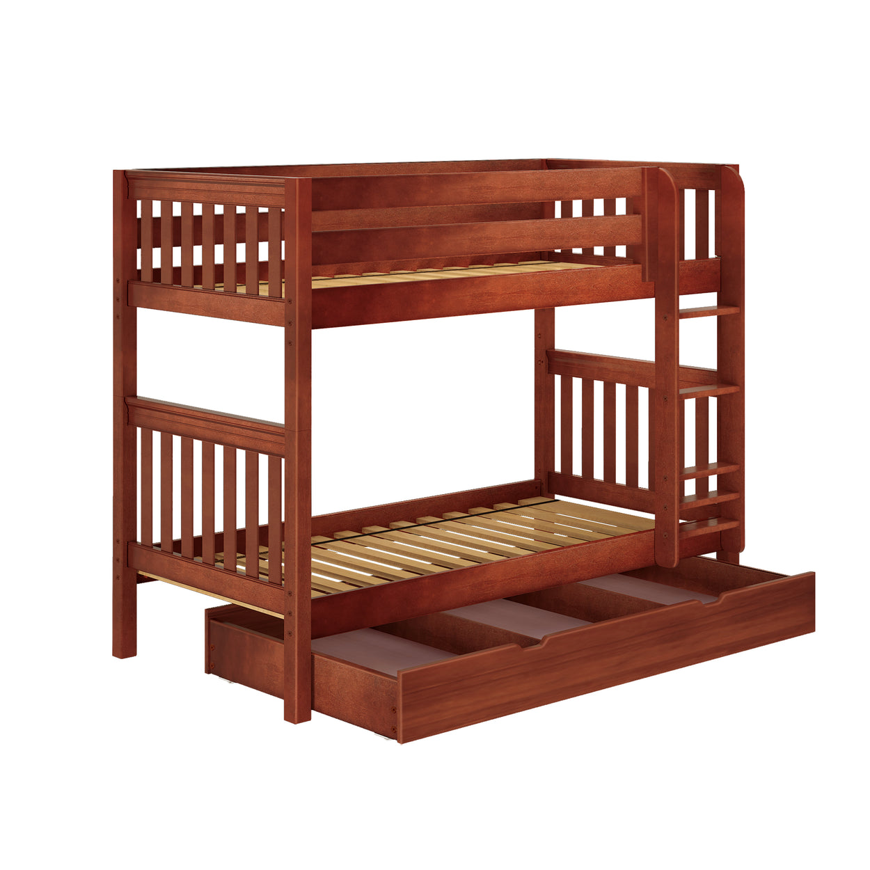 Wooden bunk bed with storage drawers and ladder for kids' bedroom furniture.
