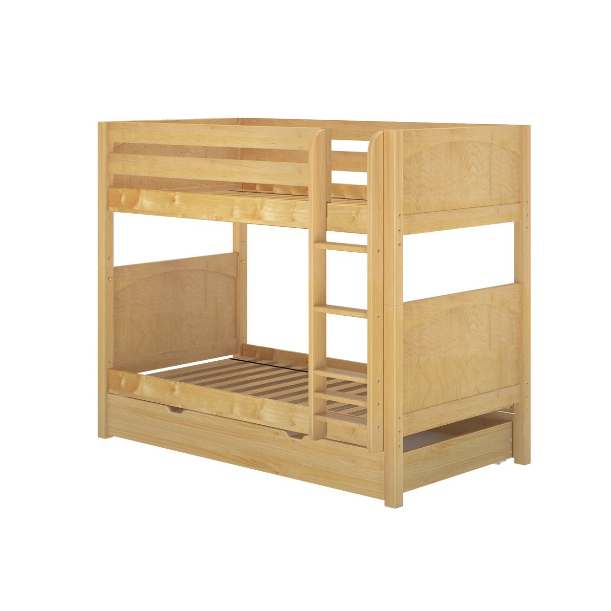 Wooden bunk bed with ladder for kids' room storage and space-saving design.