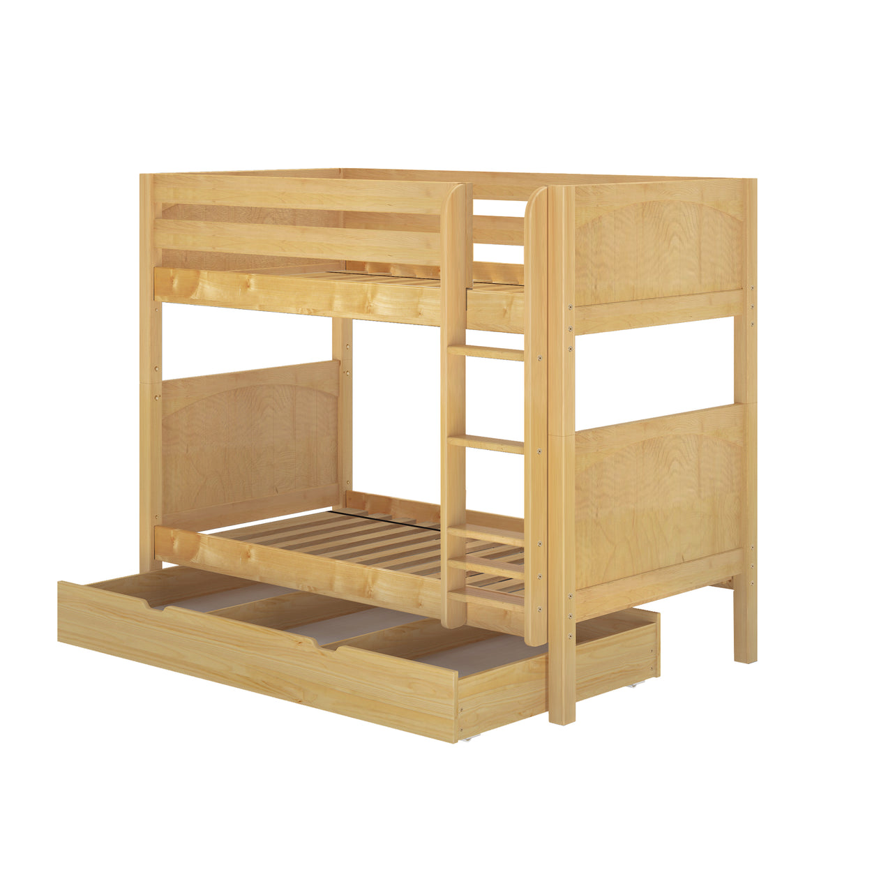 Wooden bunk bed with built-in ladder and trundle drawer for extra storage.