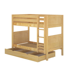 Wooden bunk bed with built-in ladder and trundle drawer for extra storage.