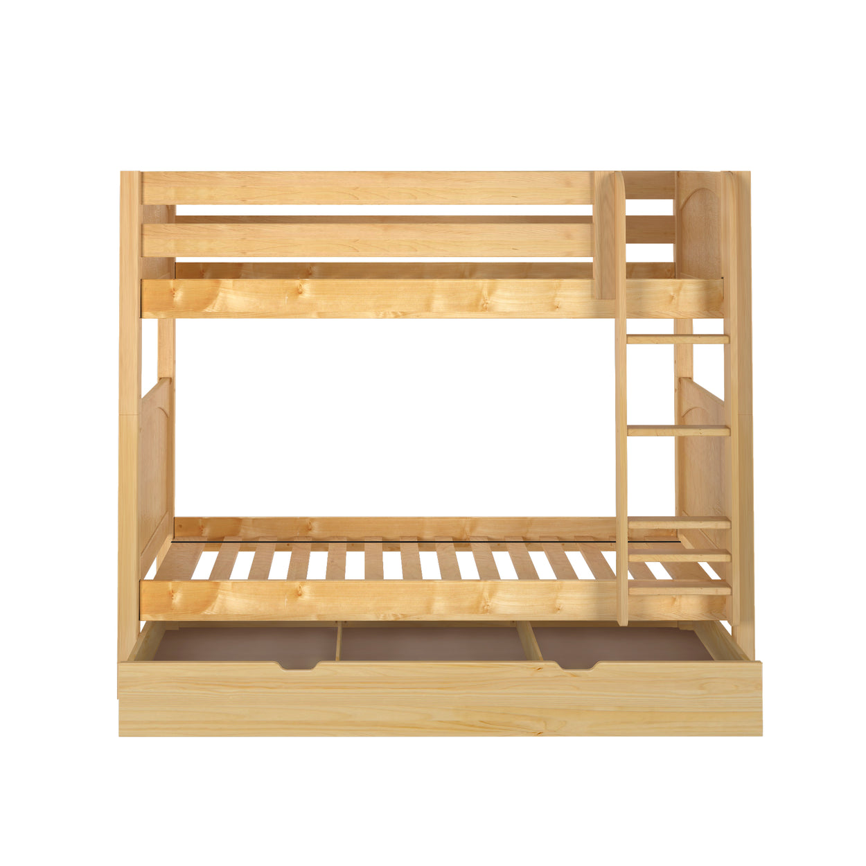Wooden bunk bed frame with ladder for kids' room furniture.