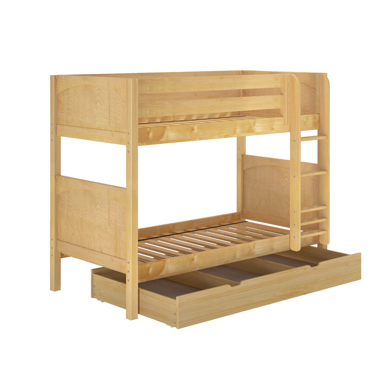 Wooden bunk bed with storage drawer and built-in ladder.