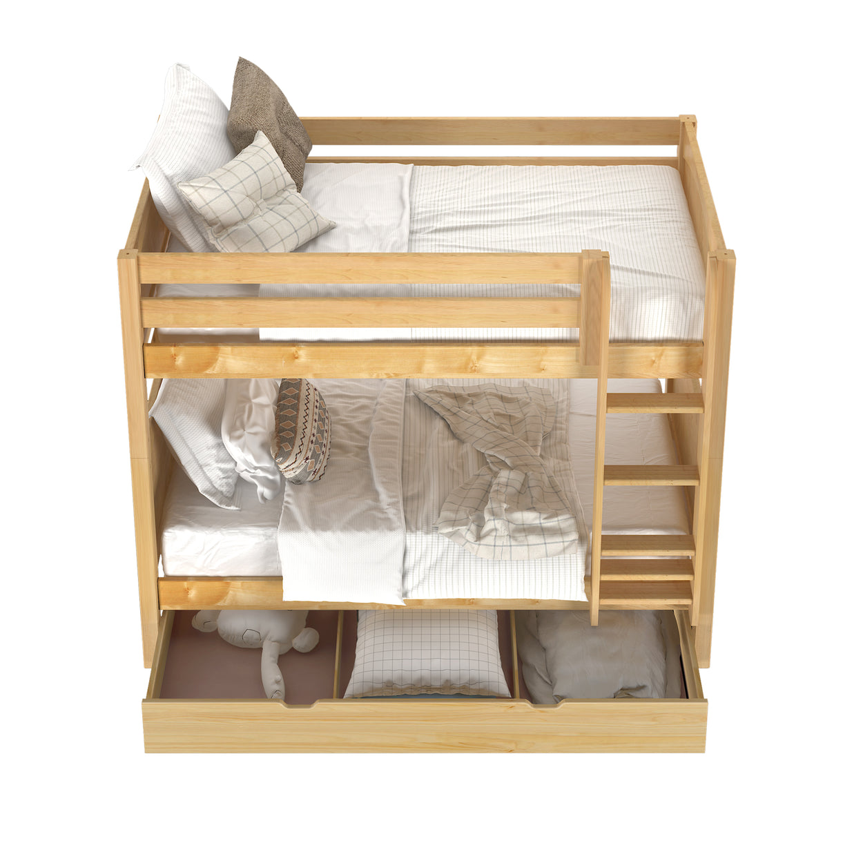 Wooden bunk bed with white bedding and pillows, featuring a built-in drawer for storage.