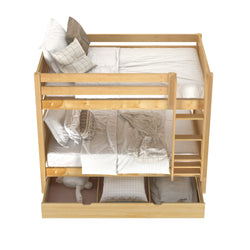 Wooden bunk bed with white bedding and pillows, featuring a built-in drawer for storage.