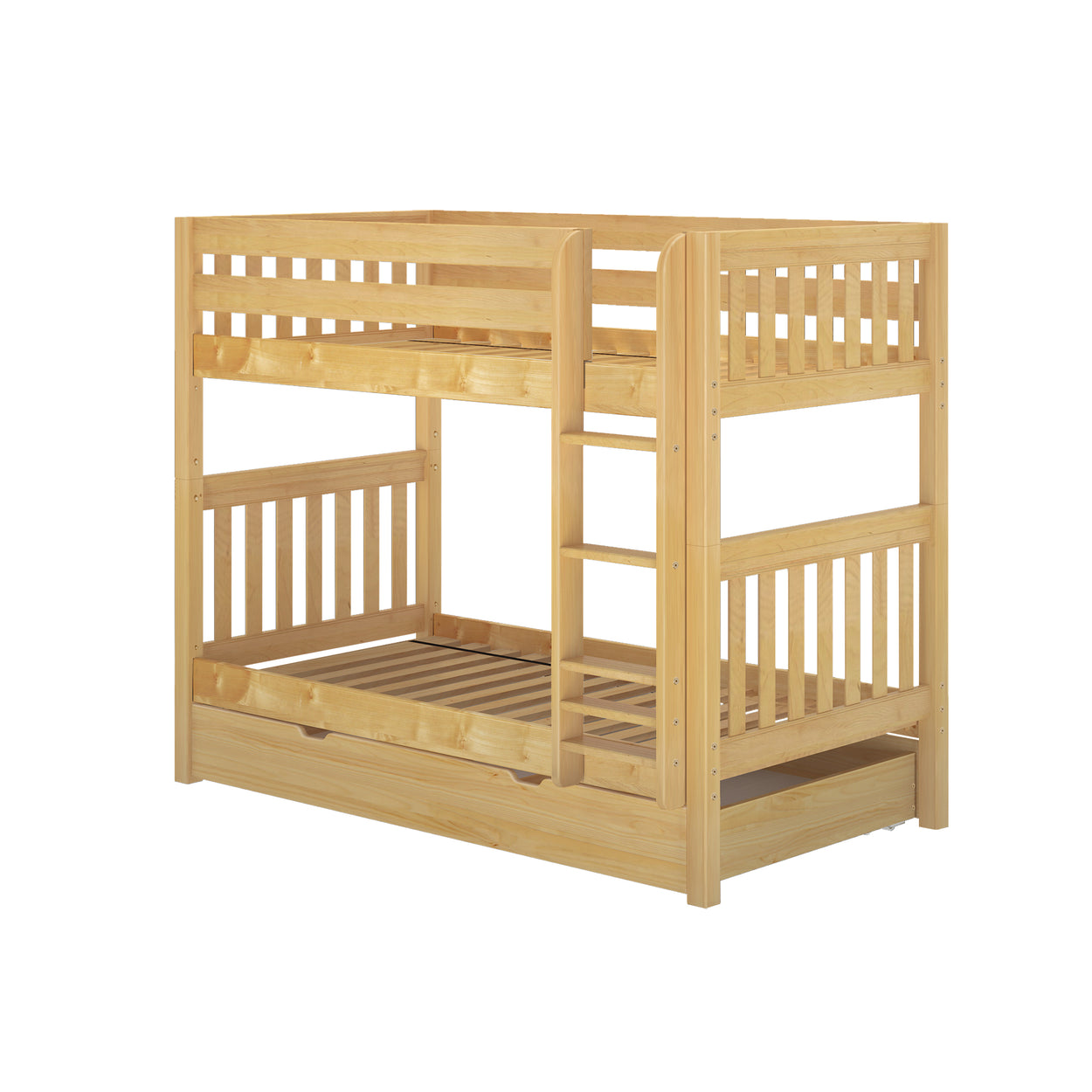 Wooden bunk bed frame with ladder for kids' bedroom furniture.