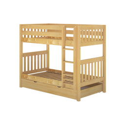 Wooden bunk bed frame with ladder for kids' bedroom furniture.