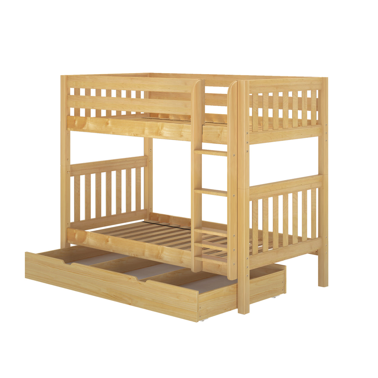 Wooden bunk bed with ladder and trundle drawer for added storage and space-saving feature.