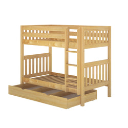 Wooden bunk bed with ladder and trundle drawer for added storage and space-saving feature.