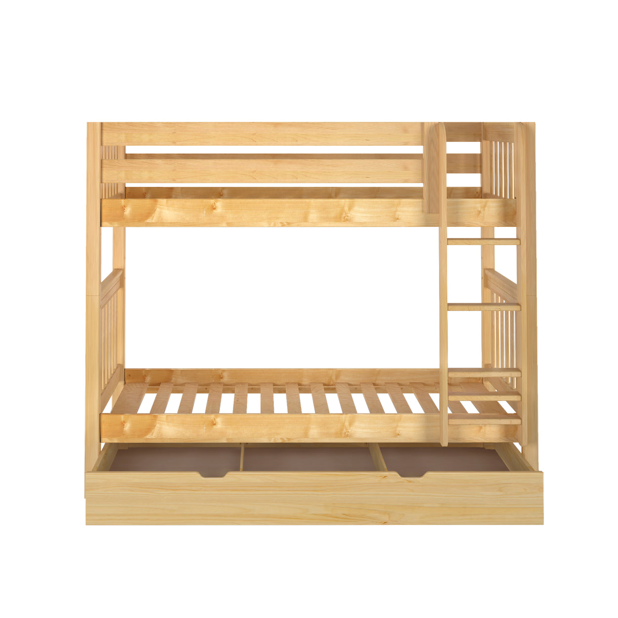 Wooden bunk bed frame with ladder and under-bed storage.