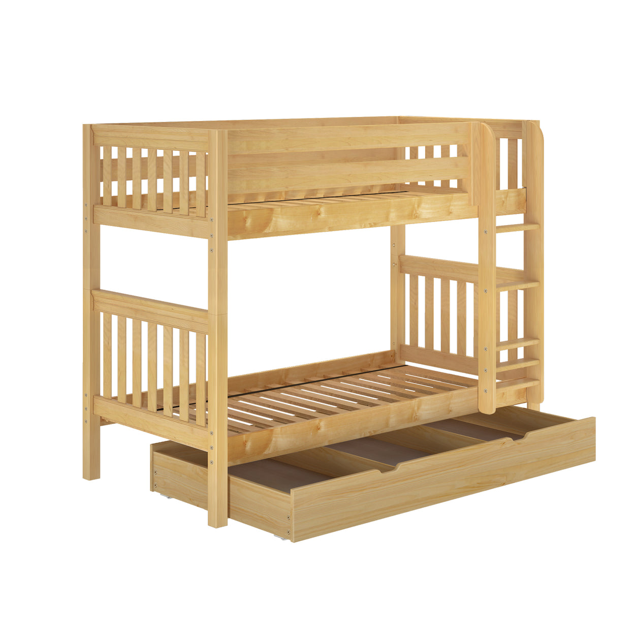 Wooden bunk bed with storage drawers and ladder, perfect for maximizing bedroom space.