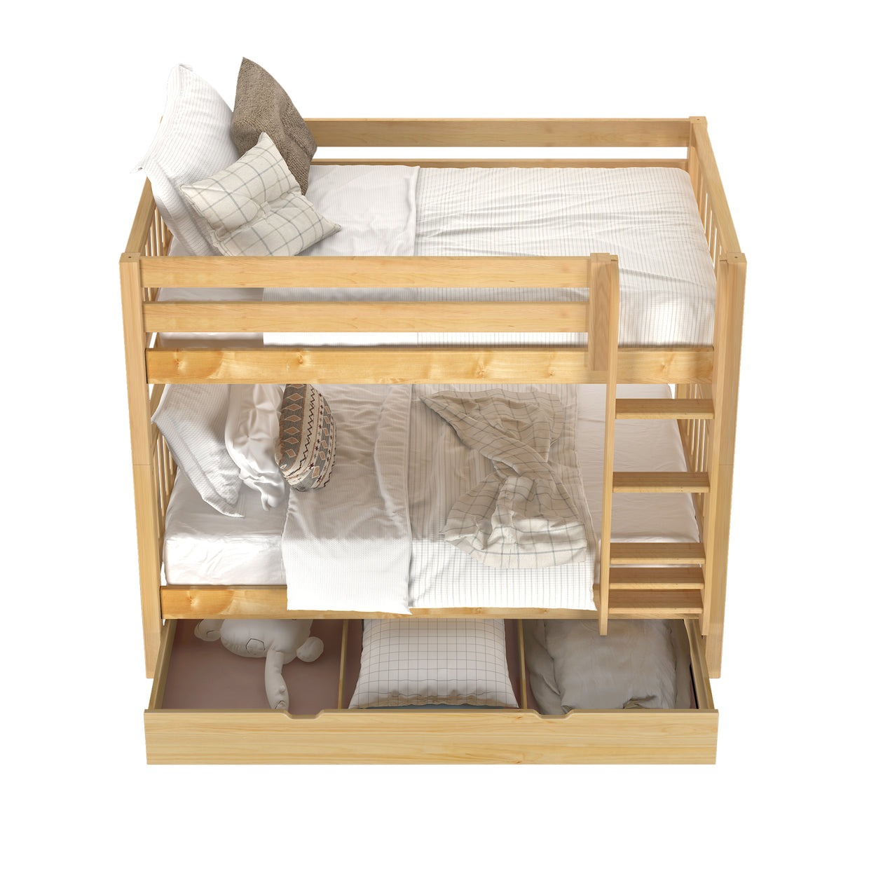 Wooden bunk bed with storage drawers and pillows, ideal for maximizing space in children's bedrooms.
