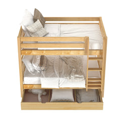 Wooden bunk bed with storage drawers and pillows, ideal for maximizing space in children's bedrooms.