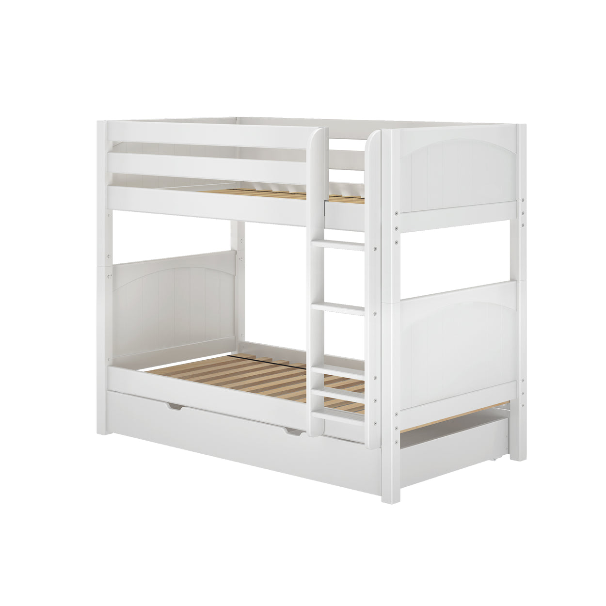 White wooden bunk bed with ladder and under-bed storage drawer.