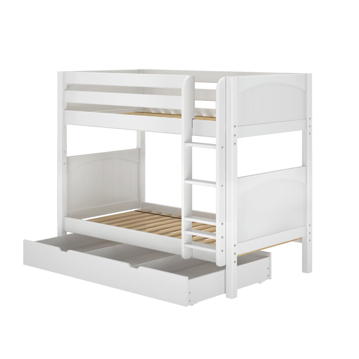 White wooden bunk bed with ladder and storage drawer, ideal for kids' rooms and small spaces.