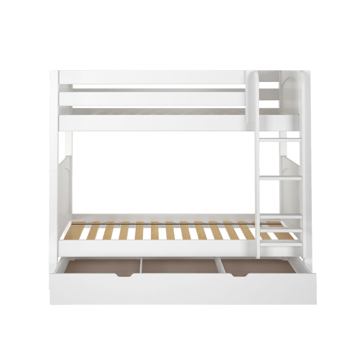 White wooden bunk bed with ladder and underbed storage drawers, ideal for children's room furniture.