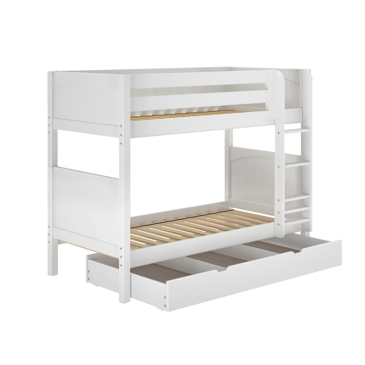 White wooden bunk bed with built-in ladder and pull-out storage drawer, ideal for kids' bedrooms and space-saving solutions.