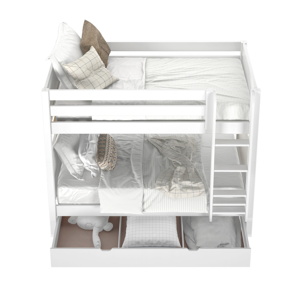 White bunk bed with built-in storage and ladder, featuring cozy bedding and decorative pillows.