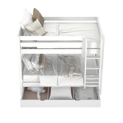 White bunk bed with built-in storage and ladder, featuring cozy bedding and decorative pillows.