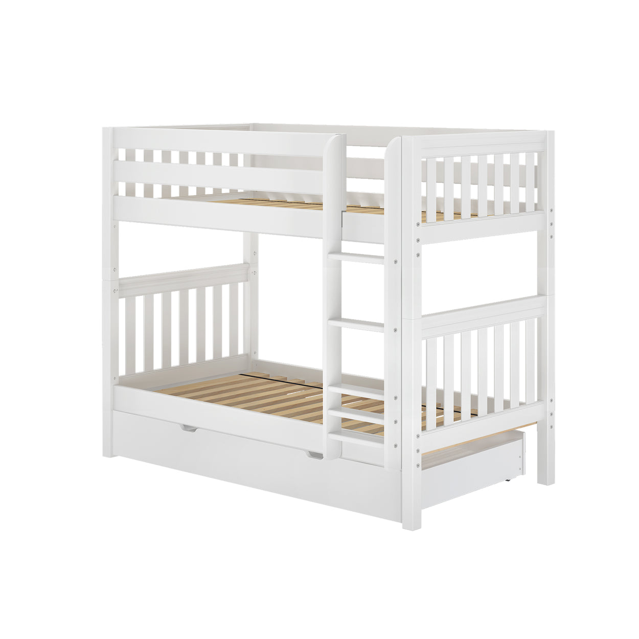 White wooden bunk bed with built-in ladder and under-bed storage drawer.