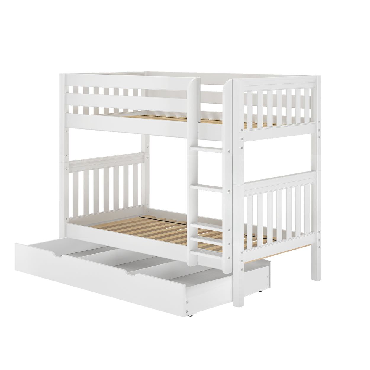 White wooden bunk bed with built-in storage drawer and ladder.