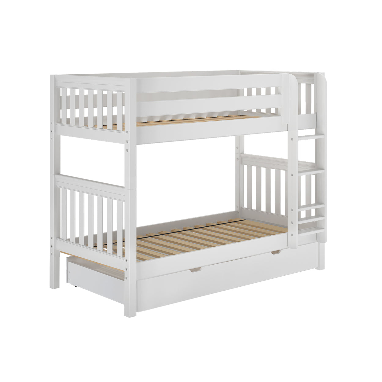 White wooden bunk bed with ladder and storage drawer for kids' bedroom.