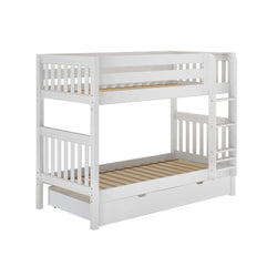 White wooden bunk bed with ladder and storage drawer for kids' bedroom.