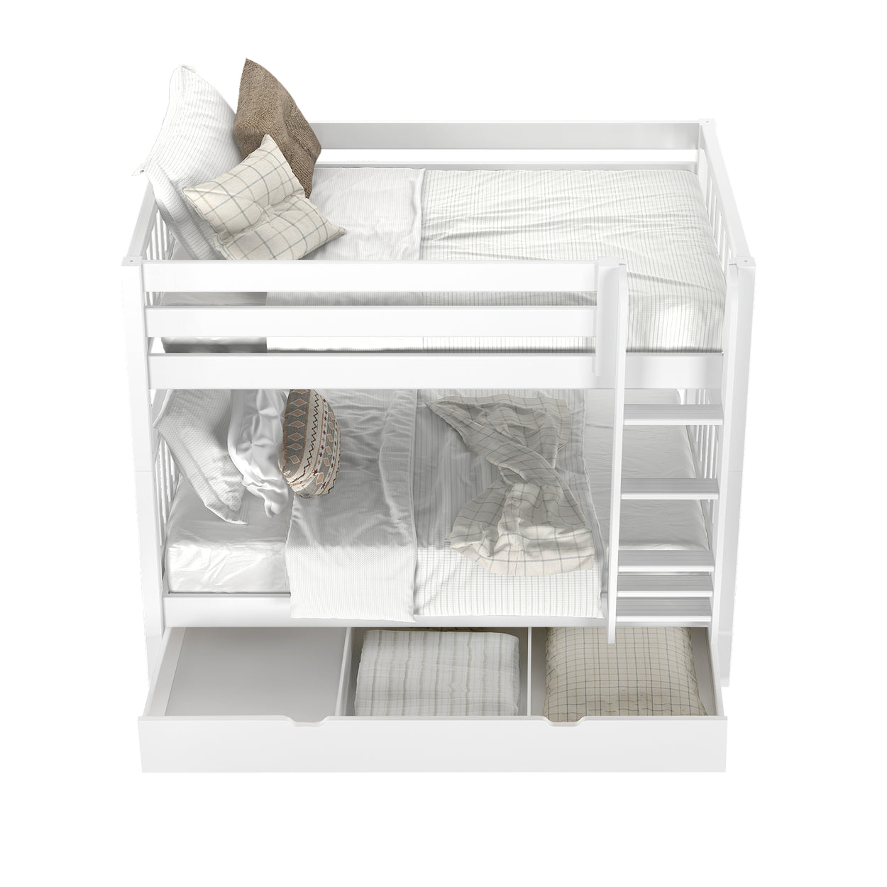 White bunk bed with striped bedding and storage drawers, ideal for maximizing space in a kids' room.