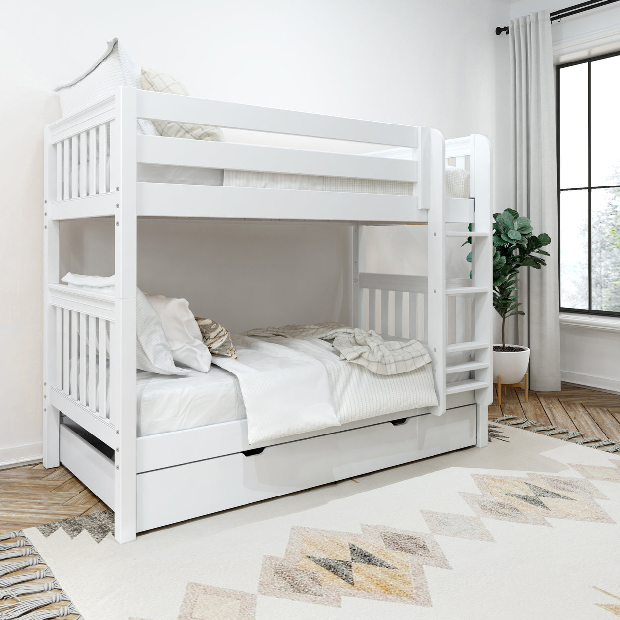 White wooden bunk bed with ladder in bright bedroom featuring modern decor and hardwood floors.