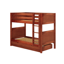 Wooden bunk bed with storage drawers and ladder in cherry finish.