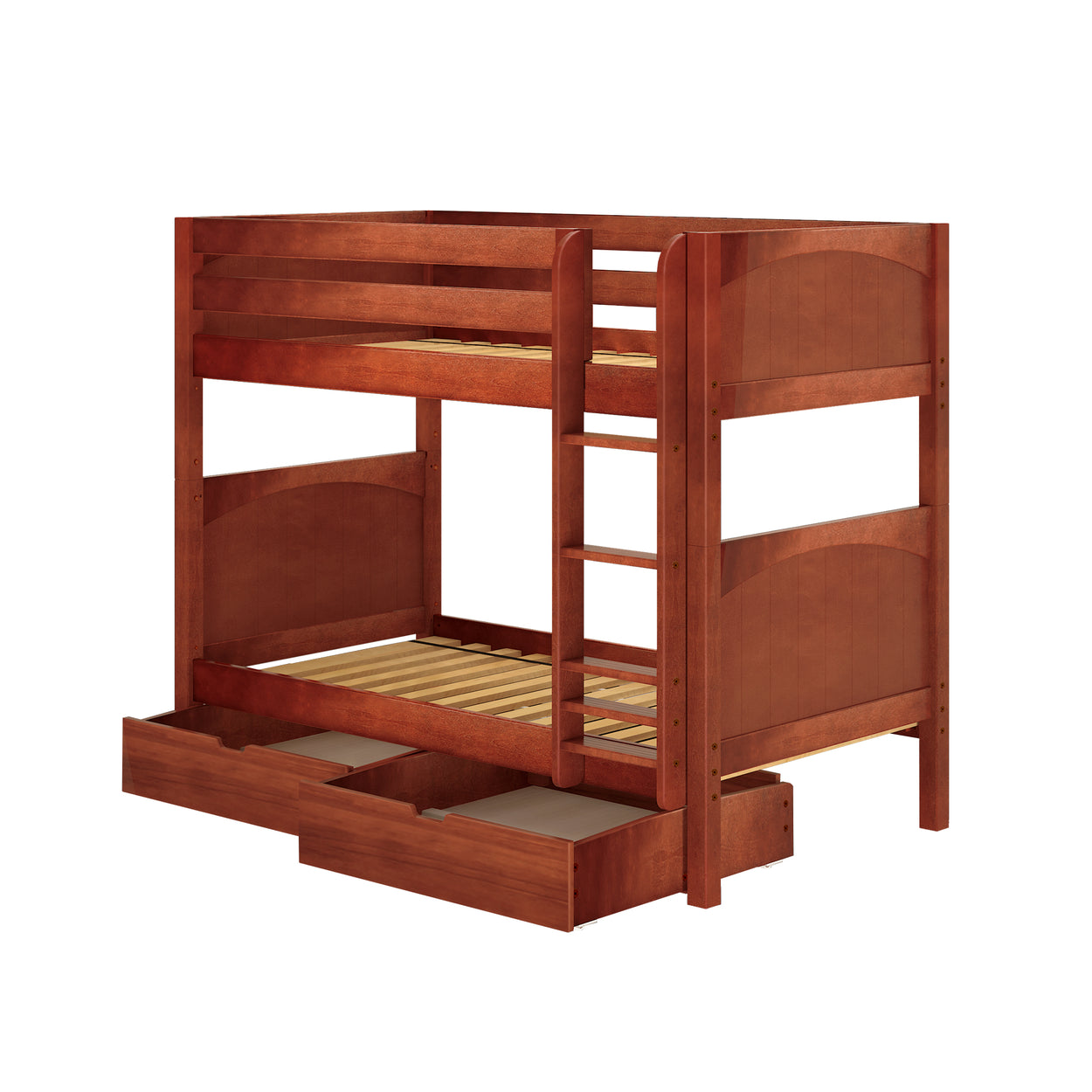 Wooden bunk bed with ladder and under-bed storage drawers, perfect for small bedrooms and maximizing space.