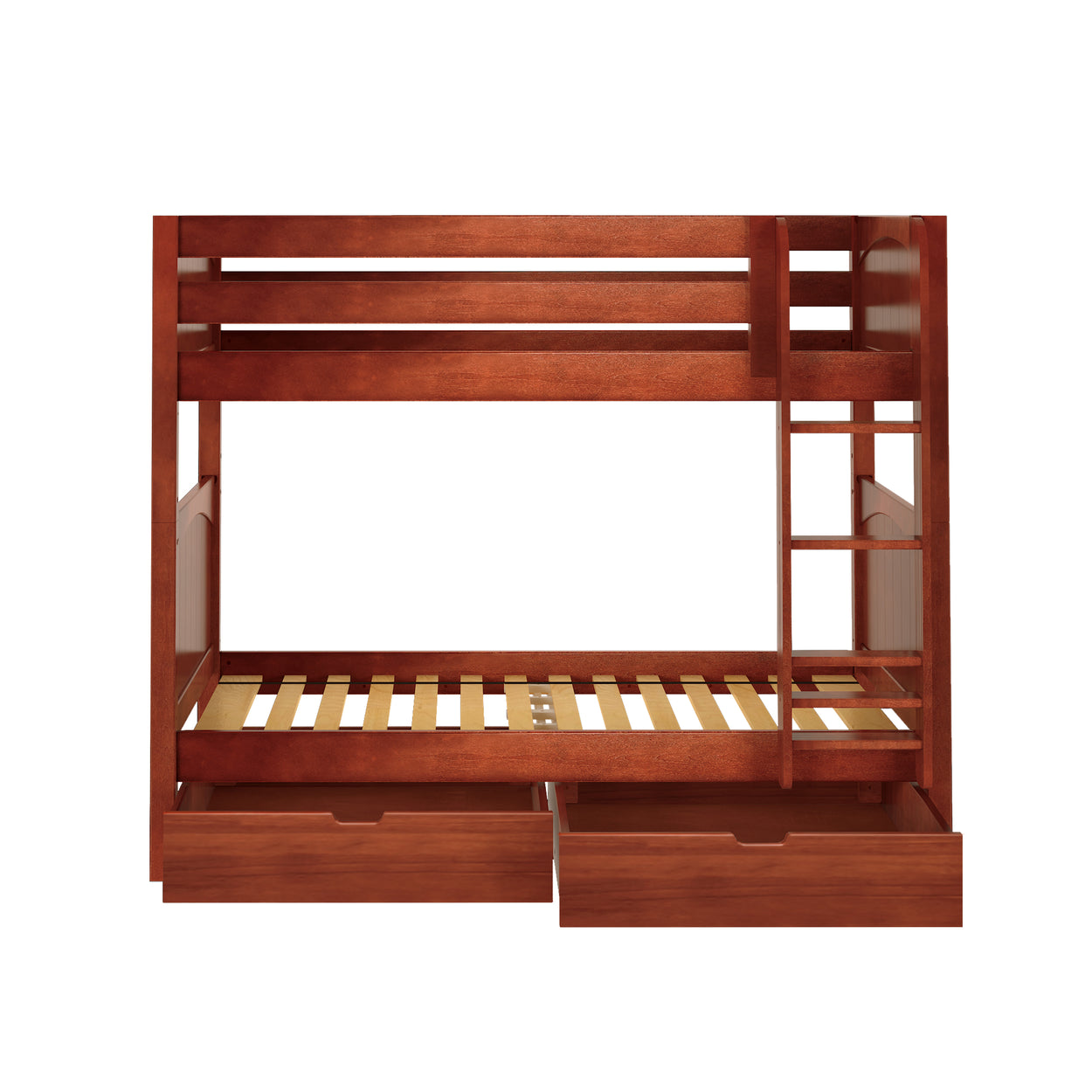 Brown wooden bunk bed with drawers and ladder, providing space-saving bedroom furniture solution.