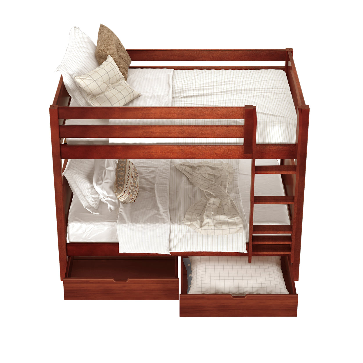 Wooden bunk bed with white bedding and storage drawers, ideal for maximizing space in a children's bedroom.