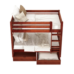 Wooden bunk bed with white bedding and storage drawers, ideal for maximizing space in a children's bedroom.