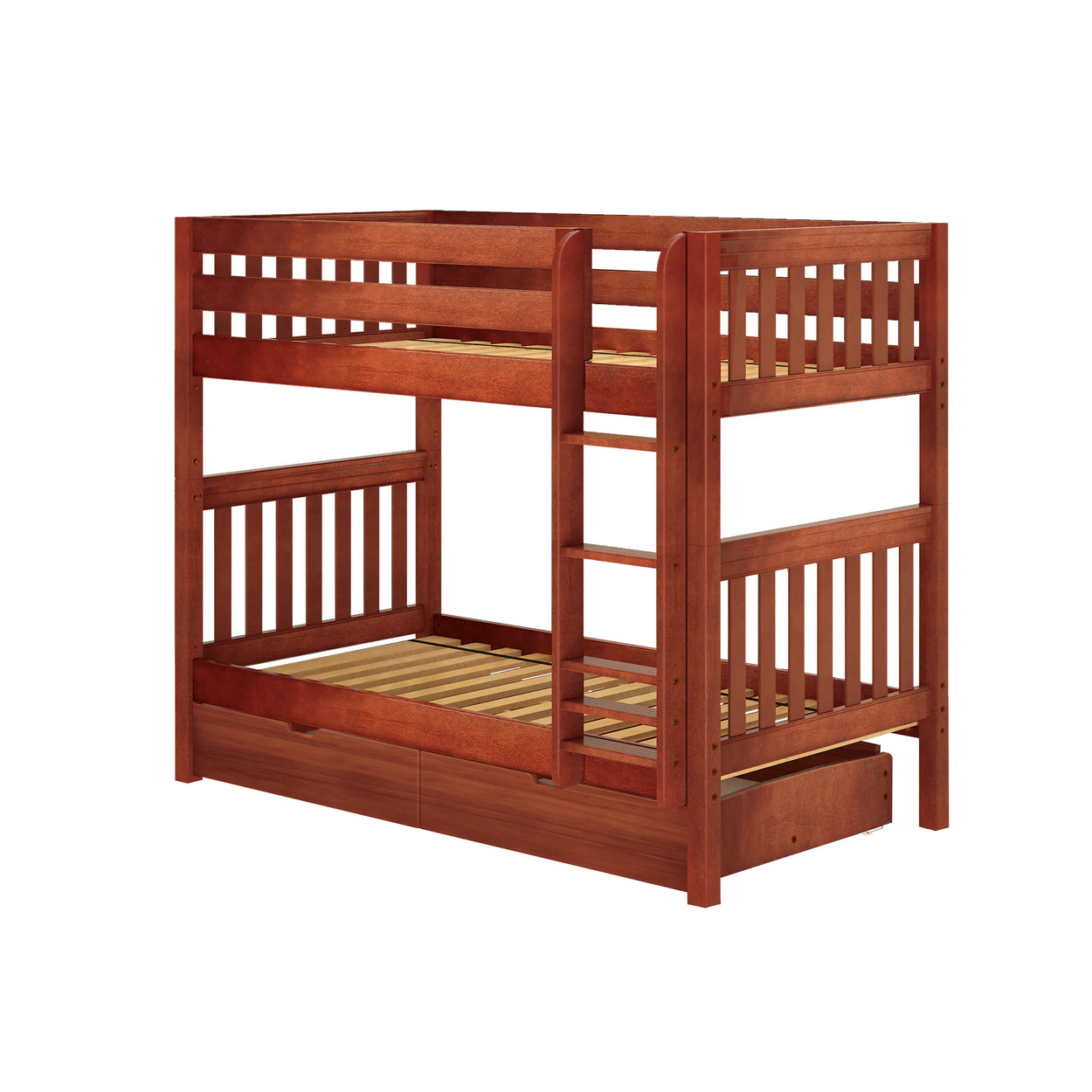 Wooden bunk bed with ladder, brown finish, twin over twin design.