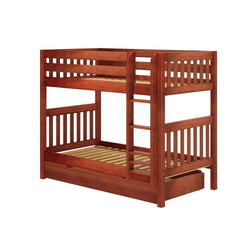 Wooden bunk bed with ladder, brown finish, twin over twin design.