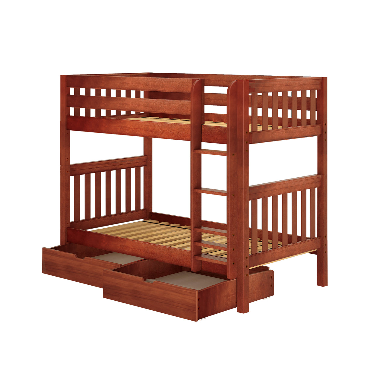 Wooden bunk bed with integrated storage drawers and ladder, perfect for maximizing space in kids' bedrooms.