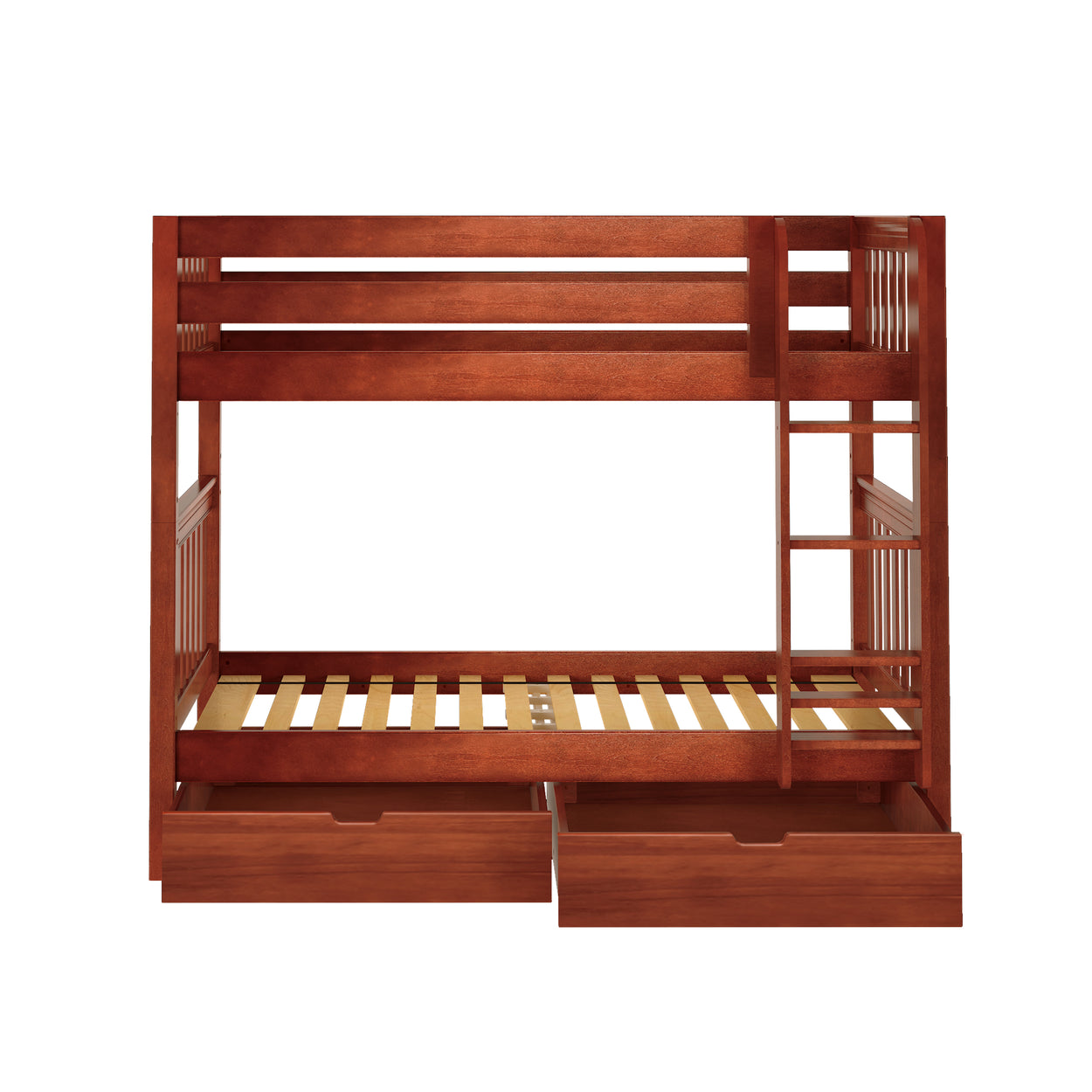 Wooden bunk bed with built-in ladder and storage drawers, ideal for children's room furniture.