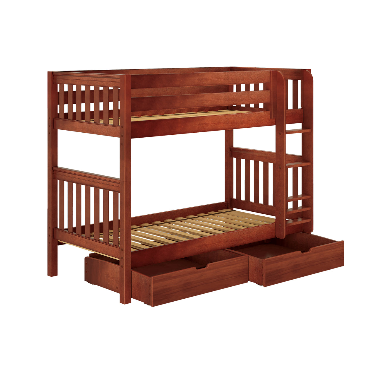 Wooden bunk bed with storage drawers and integrated ladder for kids' bedroom.