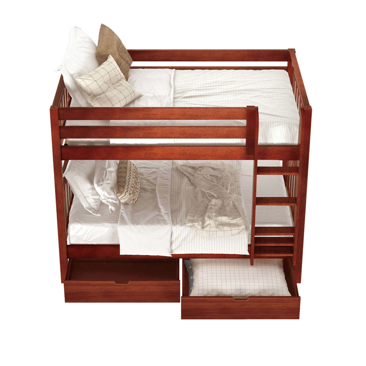 Wooden bunk bed with storage drawers, white bedding, and decorative pillows.